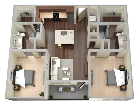 Floor plan for 2 beds, 2 baths, 1045 sqft